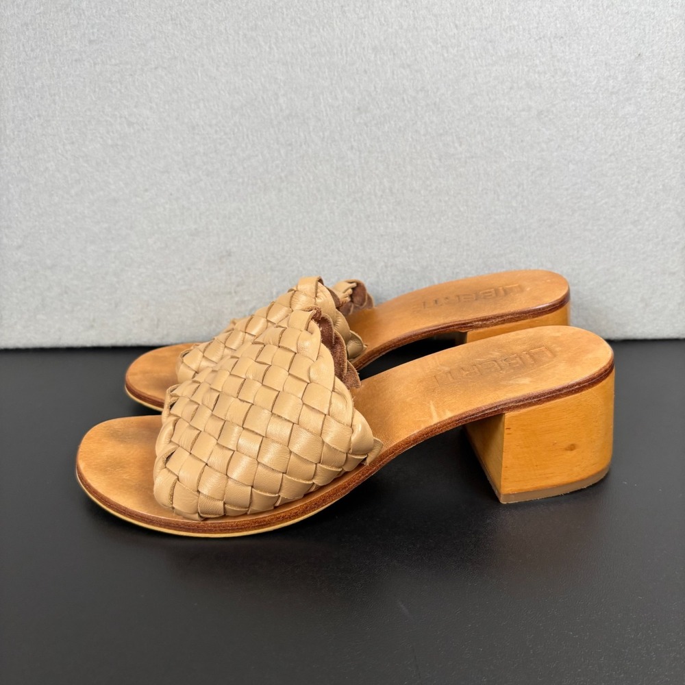 Liberte Leather Santorini Handcrafted Woven Slides Wood Block Heel Sandals Sz 8